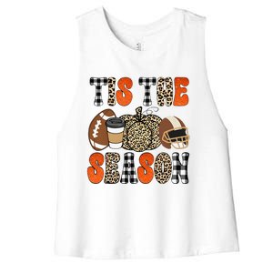 Tis The Season Pumpkin Leaf Latte Fall Thanksgiving Football Women's Racerback Cropped Tank