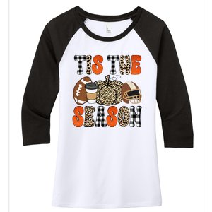 Tis The Season Pumpkin Leaf Latte Fall Thanksgiving Football Women's Tri-Blend 3/4-Sleeve Raglan Shirt