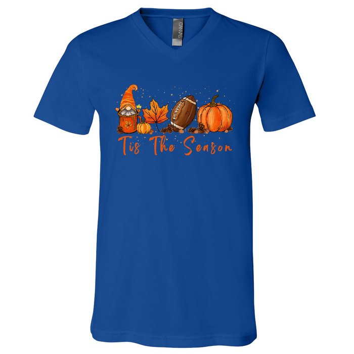 Tis The Season Pumpkin Leaf Latte Fall Thanksgiving Football V-Neck T-Shirt