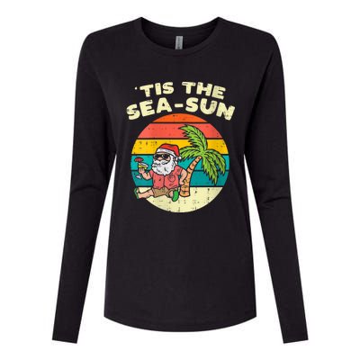 Tis The Sea Sun Santa Beach Summer Christmas In July Summer Womens Cotton Relaxed Long Sleeve T-Shirt