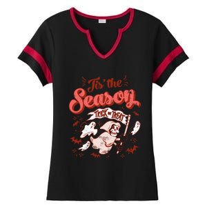 Tis' The Season Skeleton Ghost Retro Halloween Costume Party Gift Ladies Halftime Notch Neck Tee