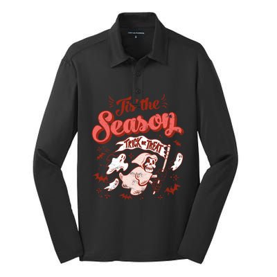 Tis' The Season Skeleton Ghost Retro Halloween Costume Party Gift Silk Touch Performance Long Sleeve Polo