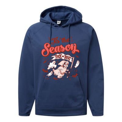 Tis' The Season Skeleton Ghost Retro Halloween Costume Party Gift Performance Fleece Hoodie