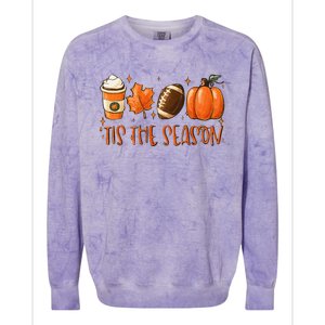 Tis The Season Pumpkin Leaf Latte Fall Thanksgiving Football Colorblast Crewneck Sweatshirt