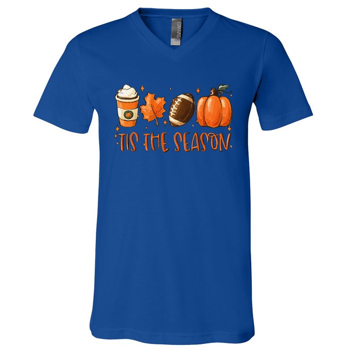 Tis The Season Pumpkin Leaf Latte Fall Thanksgiving Football V-Neck T-Shirt