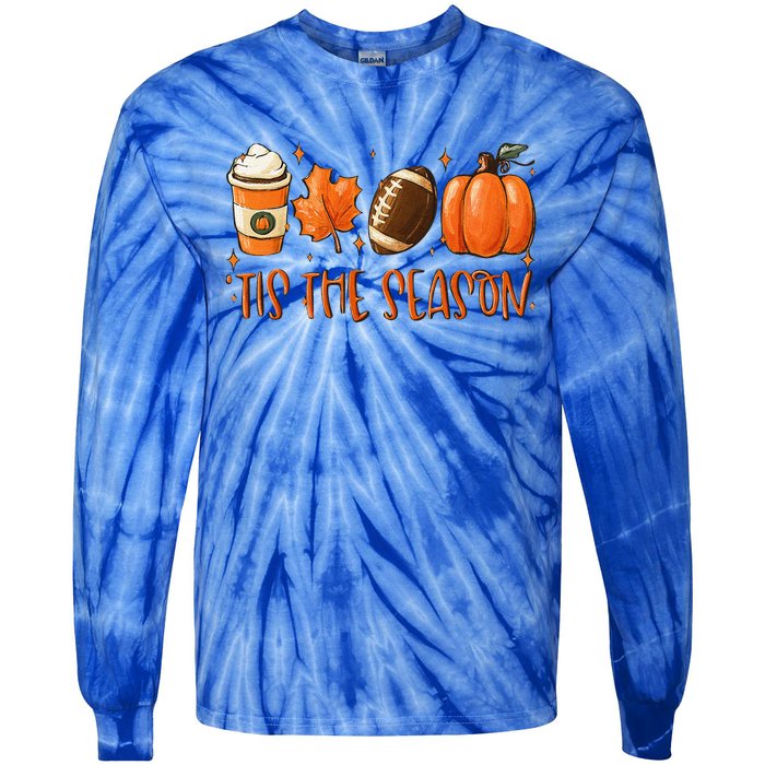 Tis The Season Pumpkin Leaf Latte Fall Thanksgiving Football Tie-Dye Long Sleeve Shirt