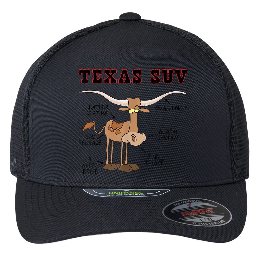 Texas TX SUV Funny Joke Longhorn Cattle Cow Flexfit Unipanel Trucker Cap