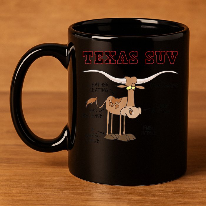 Texas TX SUV Funny Joke Longhorn Cattle Cow 11oz C Handle Ceramic Mug