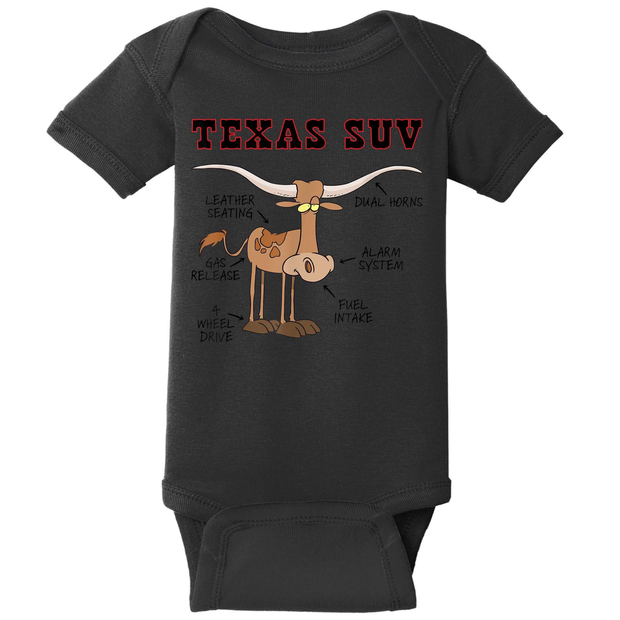Texas TX SUV Funny Joke Longhorn Cattle Cow Baby Bodysuit