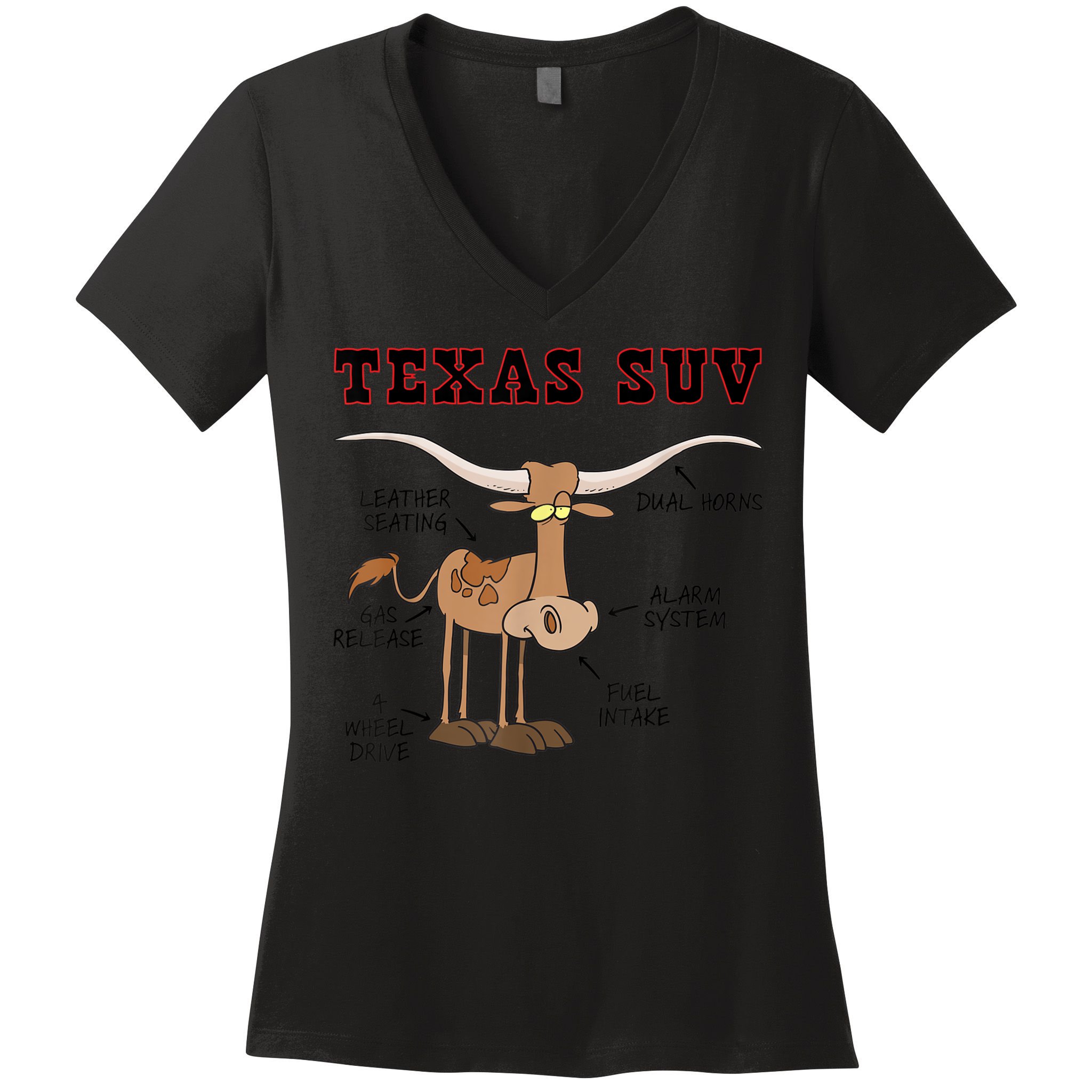 Texas TX SUV Funny Joke Longhorn Cattle Cow Women's V-Neck T-Shirt