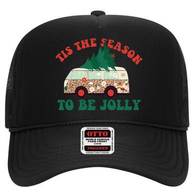 Tis The Season To Be Jolly Tree Xmas Groovy Retro Christmas High Crown Mesh Back Trucker Hat