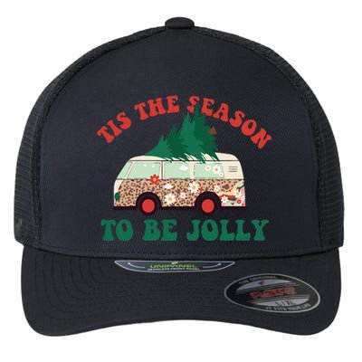 Tis The Season To Be Jolly Tree Xmas Groovy Retro Christmas Flexfit Unipanel Trucker Cap