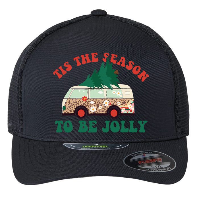 Tis The Season To Be Jolly Tree Xmas Groovy Retro Christmas Flexfit Unipanel Trucker Cap