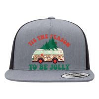 Tis The Season To Be Jolly Tree Xmas Groovy Retro Christmas Flat Bill Trucker Hat