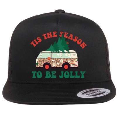 Tis The Season To Be Jolly Tree Xmas Groovy Retro Christmas Flat Bill Trucker Hat