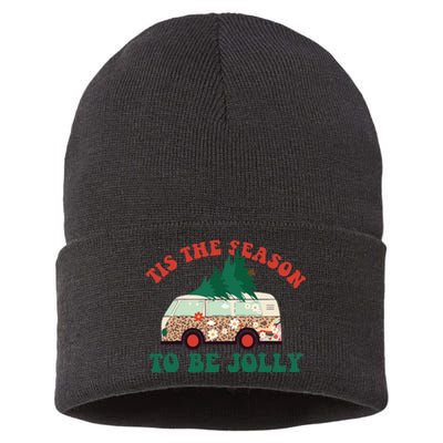 Tis The Season To Be Jolly Tree Xmas Groovy Retro Christmas Sustainable Knit Beanie