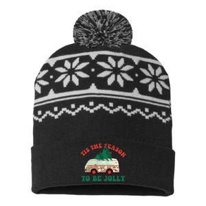 Tis The Season To Be Jolly Tree Xmas Groovy Retro Christmas USA-Made Snowflake Beanie