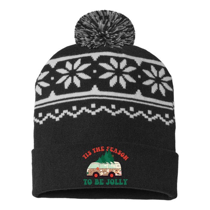 Tis The Season To Be Jolly Tree Xmas Groovy Retro Christmas USA-Made Snowflake Beanie