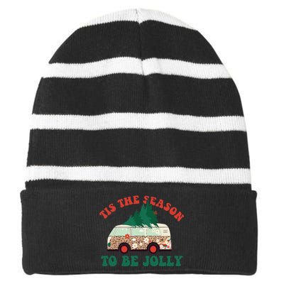 Tis The Season To Be Jolly Tree Xmas Groovy Retro Christmas Striped Beanie with Solid Band