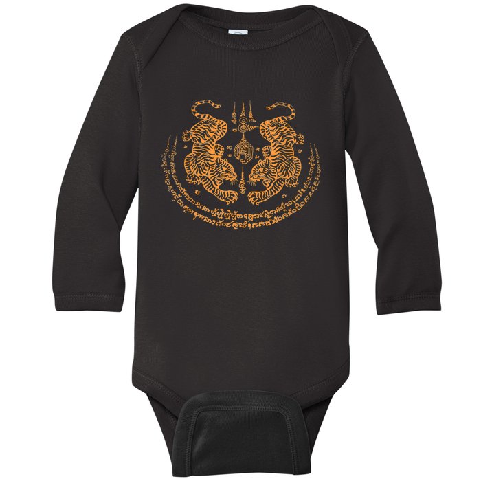 Twin Tiger Sak Yant Tattoo Muay Thai Thailand Martial Art Baby Long Sleeve Bodysuit