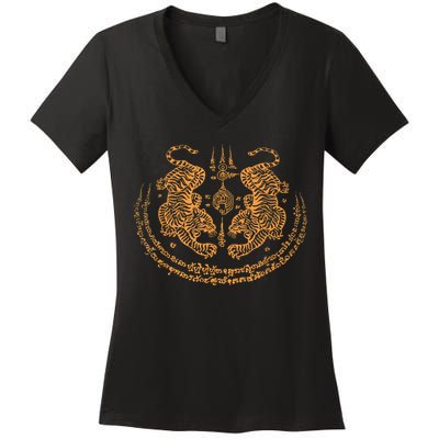 Twin Tiger Sak Yant Tattoo Muay Thai Thailand Martial Art Women's V-Neck T-Shirt