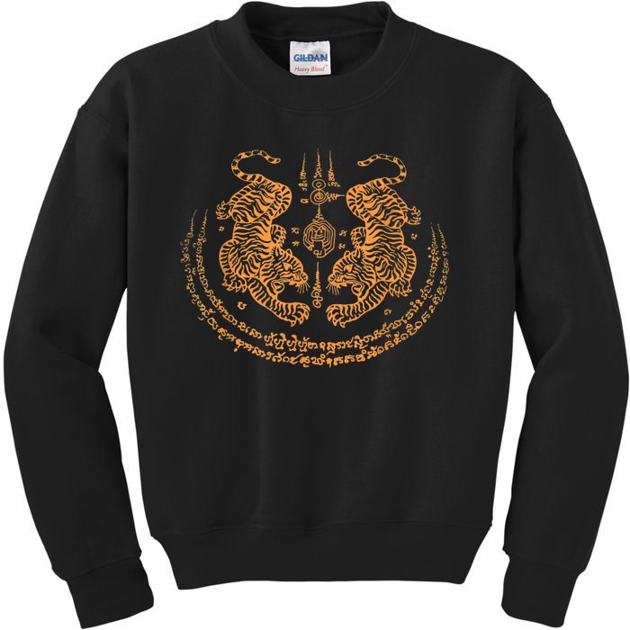 Twin Tiger Sak Yant Tattoo Muay Thai Thailand Martial Art Kids Sweatshirt