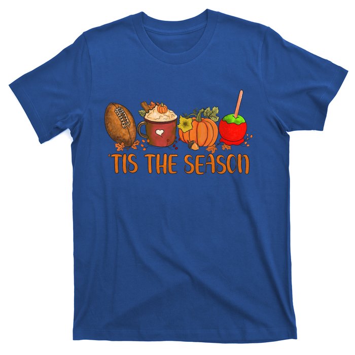 Tis The Season Pumpkin Leaf Latte Fall Thanksgiving Football Gift T-Shirt