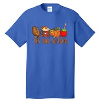 Tis The Season Pumpkin Leaf Latte Fall Thanksgiving Football Gift Tall T-Shirt