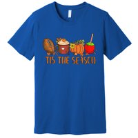 Tis The Season Pumpkin Leaf Latte Fall Thanksgiving Football Gift Premium T-Shirt