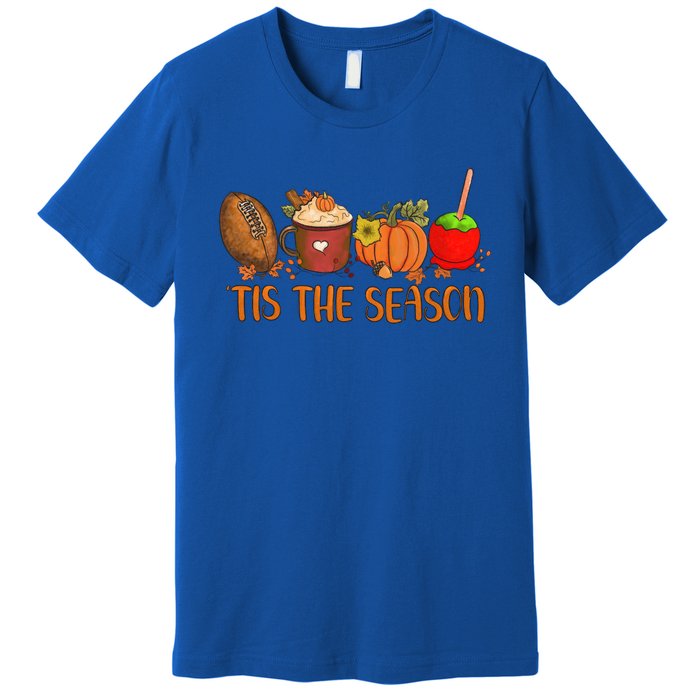 Tis The Season Pumpkin Leaf Latte Fall Thanksgiving Football Gift Premium T-Shirt