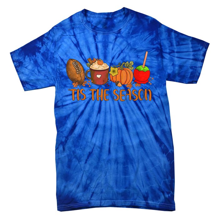 Tis The Season Pumpkin Leaf Latte Fall Thanksgiving Football Gift Tie-Dye T-Shirt