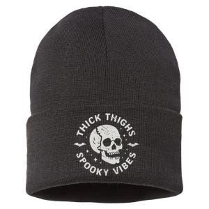 Thick Thighs Spooky Vibes Skull Funny Halloween Gift Sustainable Knit Beanie