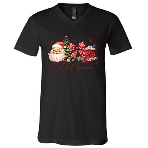 Tis The Season Christmas Santa Tree Coquette Bow Red Coffee V-Neck T-Shirt