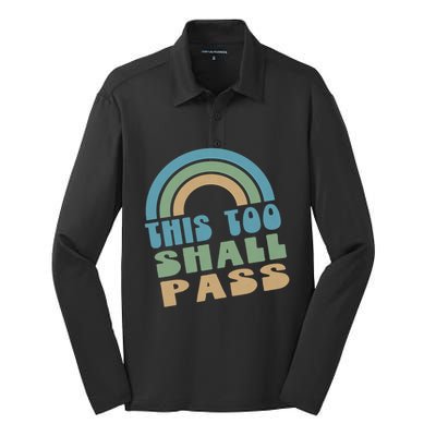 This Too Shall Pass Blue Retro Rainbow Gift Silk Touch Performance Long Sleeve Polo