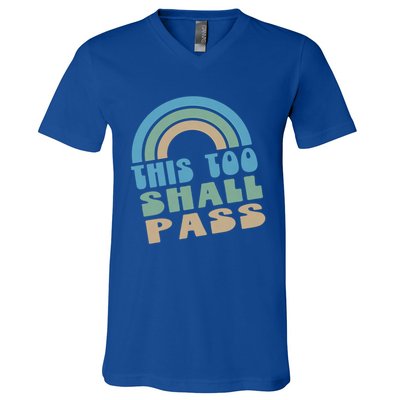 This Too Shall Pass Blue Retro Rainbow Gift V-Neck T-Shirt