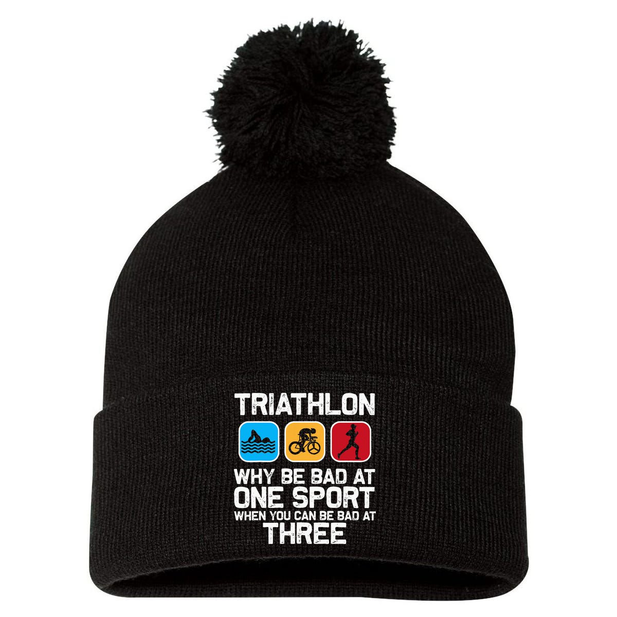 Triathlon Triathlete Swim Bike Run Sport Pom Pom 12in Knit Beanie