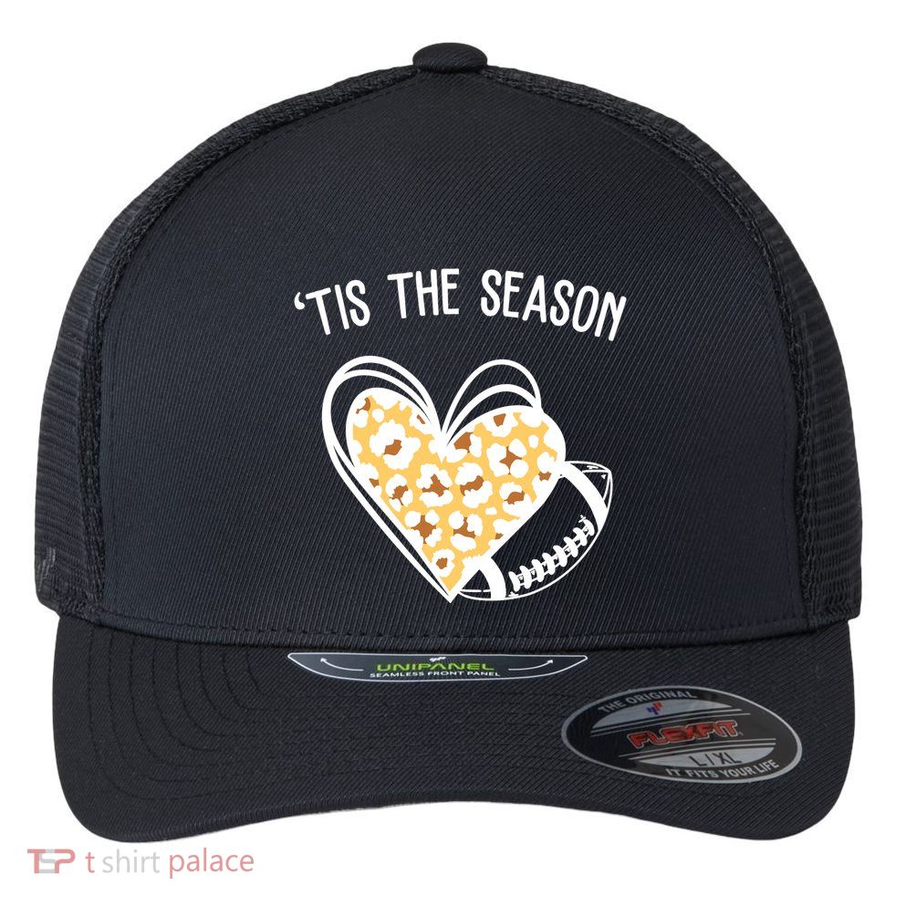 Tis The Season Football Leopard Heart Flexfit Unipanel Trucker Cap
