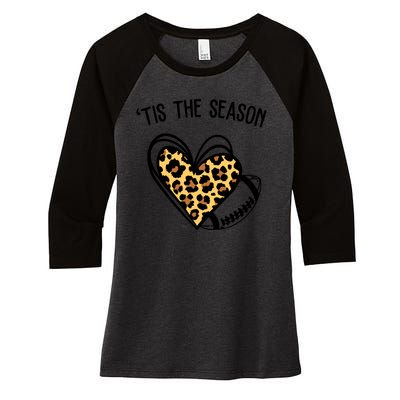 Tis The Season Football Leopard Heart Women's Tri-Blend 3/4-Sleeve Raglan Shirt