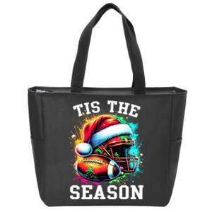 Tis The Season Football Mom Christmas Santa Hat Colorful Zip Tote Bag