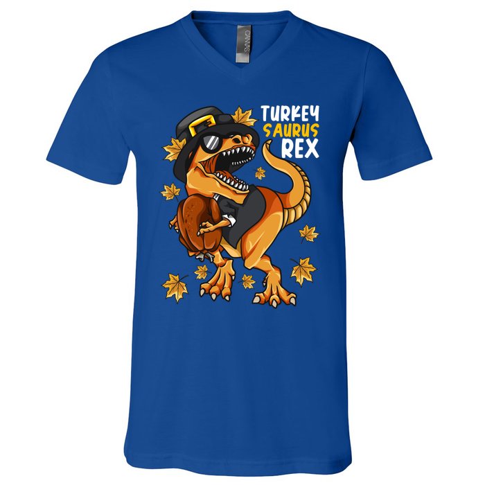 Thanksgiving Turkey Saurus T Rex Dinosaur Funny Gift V-Neck T-Shirt