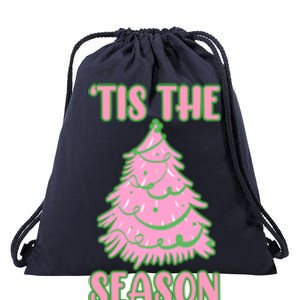 Tis The Season Pink Christmas Tree Drawstring Bag