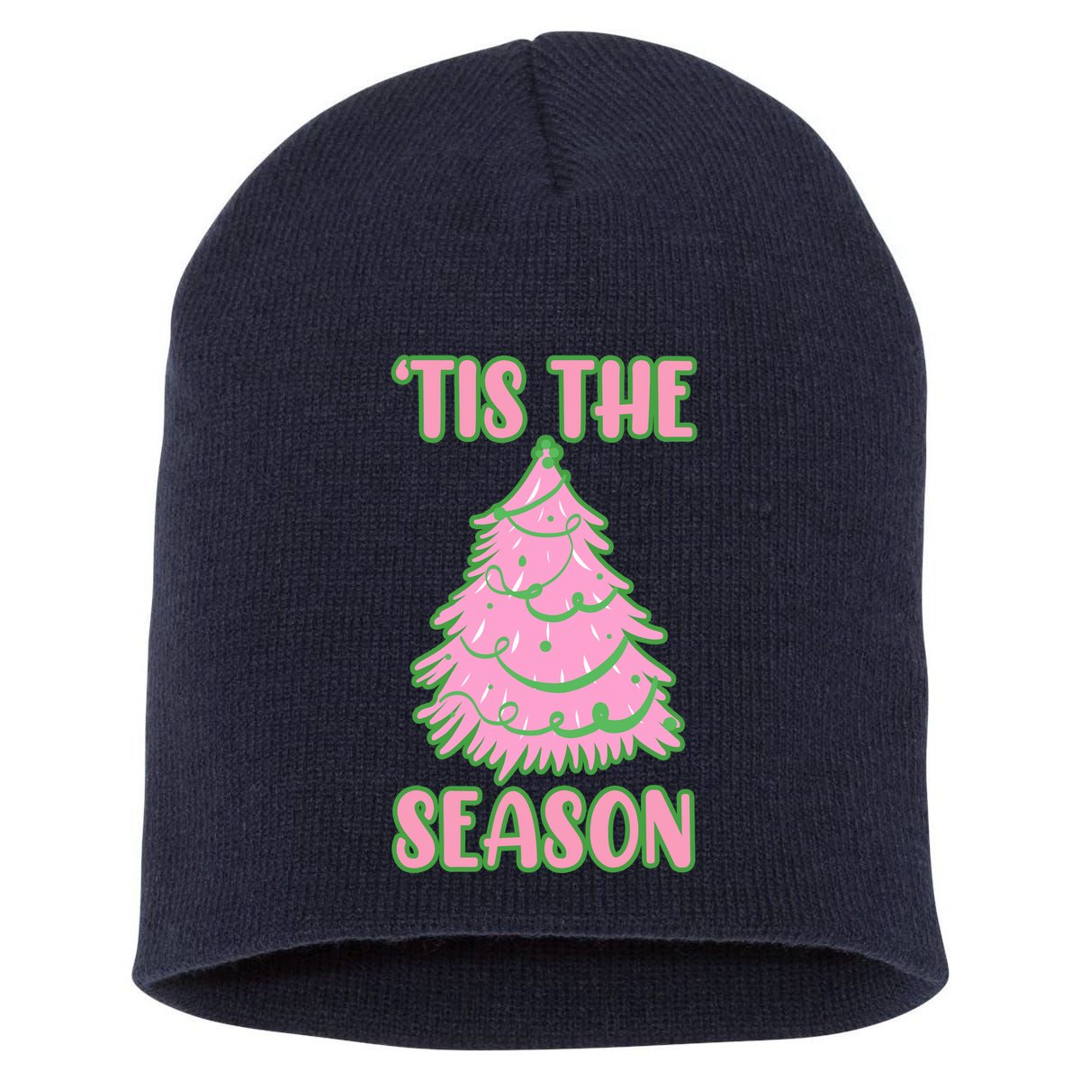 Tis The Season Pink Christmas Tree Short Acrylic Beanie