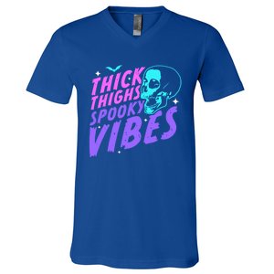 Thick Thighs Spooky Vibes Funny Halloween Skull Pastel Goth Gift V-Neck T-Shirt