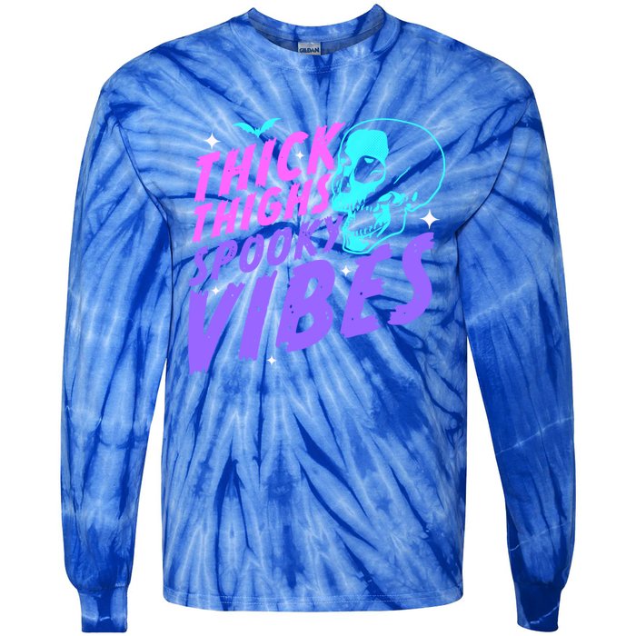 Thick Thighs Spooky Vibes Funny Halloween Skull Pastel Goth Gift Tie-Dye Long Sleeve Shirt