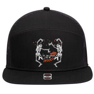 Tis The Season To Be Spooky Fall Halloween Dancing Skeleton Gift 7 Panel Mesh Trucker Snapback Hat