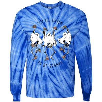 Tis The Season To Be Spooky Skeleton Dancing Halloween Fall Cool Gift Tie-Dye Long Sleeve Shirt