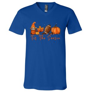 Tis The Season Pumpkin Leaf Latte Fall Thanksgiving Football Gift V-Neck T-Shirt