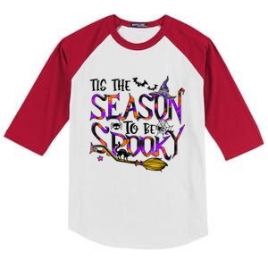 Tis The Season To Be Spooky Vibes Halloween Tie Dye Witch Gift Kids Colorblock Raglan Jersey