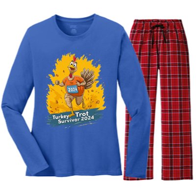 Turkey Trot Survivor 2024 Funny Thanksgiving Jog Run Race Funny Gift Women's Long Sleeve Flannel Pajama Set 