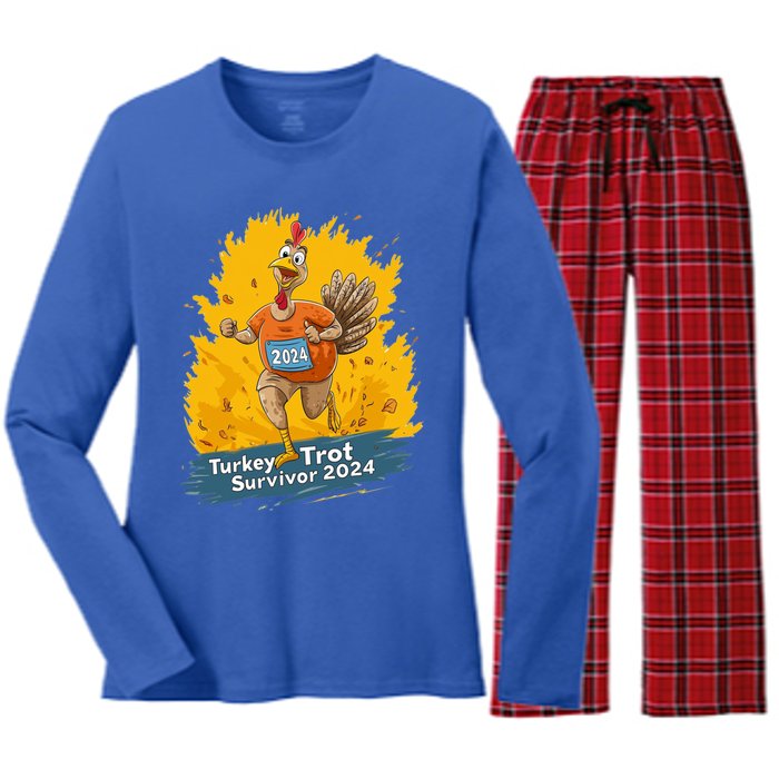 Turkey Trot Survivor 2024 Funny Thanksgiving Jog Run Race Funny Gift Women's Long Sleeve Flannel Pajama Set 